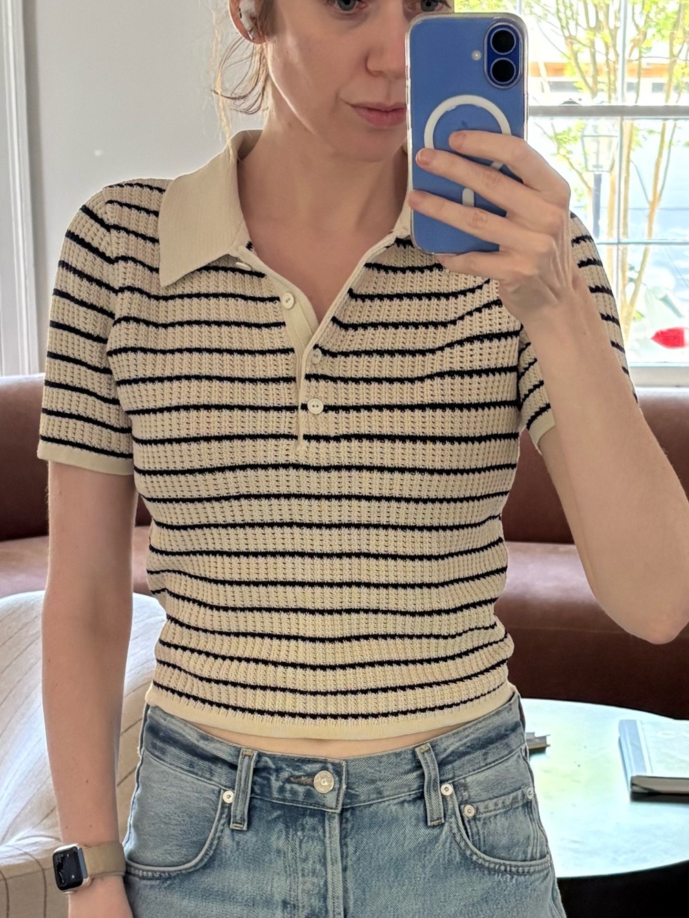 rag & bone Cream and Black Striped Knit Polo Top